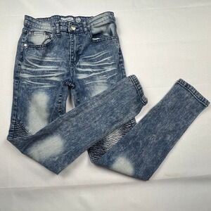 Mecca Stretch Fit Jeans Acid Crinkle Moto Lines Skinny Boys Size 14 Blue Denim